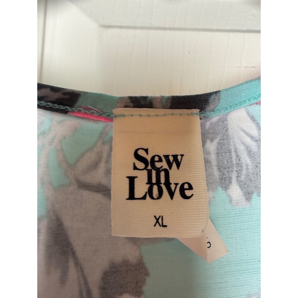 Sew In Love Womens XL Aqua Pink Floral Ruffle Sleeve V-Neck Blouse Top - Picture 4 of 5